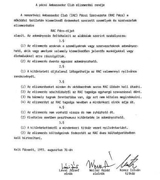 Elismerési rend (Ambassador Díj - Ambassador Club Pécs 1993.
